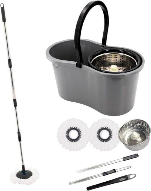 51hi0Ijx0uL._AC_SL1200_.jpg Importado - Mop com Balde Giratório Cesto em Inox, 9 Litros