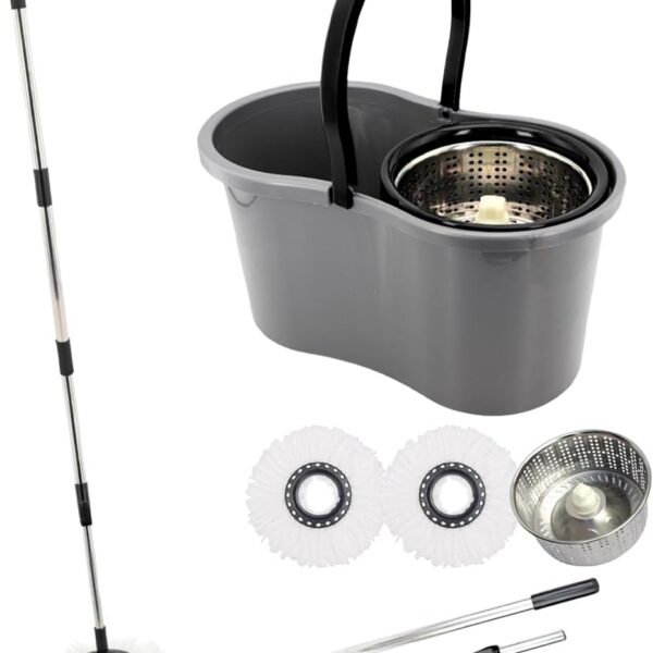 51hi0Ijx0uL._AC_SL1200_.jpg Importado - Mop com Balde Giratório Cesto em Inox, 9 Litros