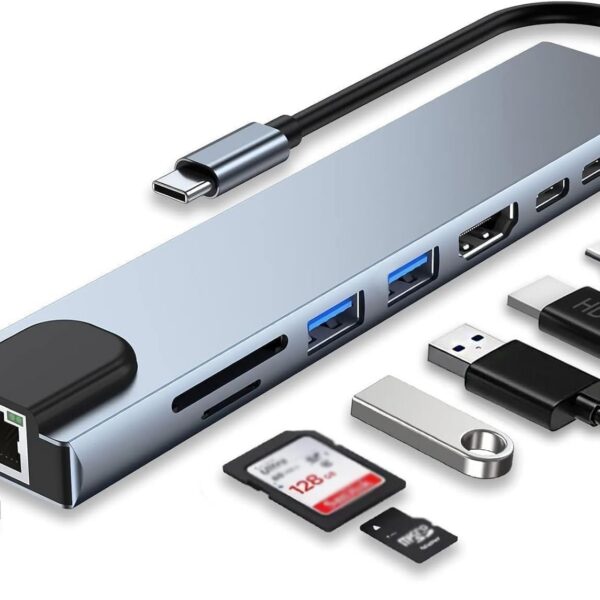 Adaptador Hub 8 em 1 USB-C com HDMI 4K + VGA + RJ45 + PD 100W + 2 USB 3.0