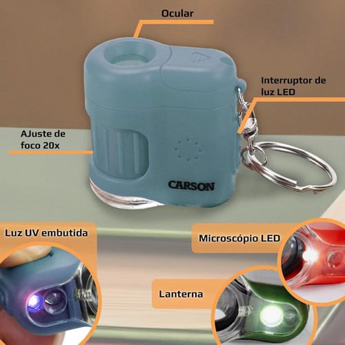 Microscópio Chaveiro Carson com Luz LED e UV, Zoom de 20x - Azul